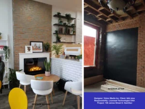 modern brick interior renovation with fireplace before and after pictures