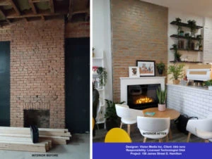 modern brick interior renovation with fireplace before and after