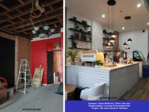 before and after restoration for a cafe in multi-storey building