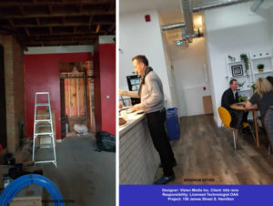 before and after renovation for a cafe in multi-use building