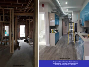 pre-construction before and after modern interior kitchen renovation in Hamilton Ontario