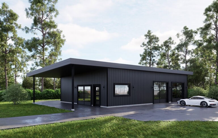 exterior view of a black garage
