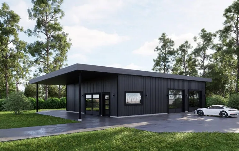 exterior view of a black garage